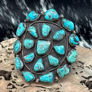 1960s Native American NAVAJO Sterling & Morenci Turquoise Cluster Cuff Bracelet